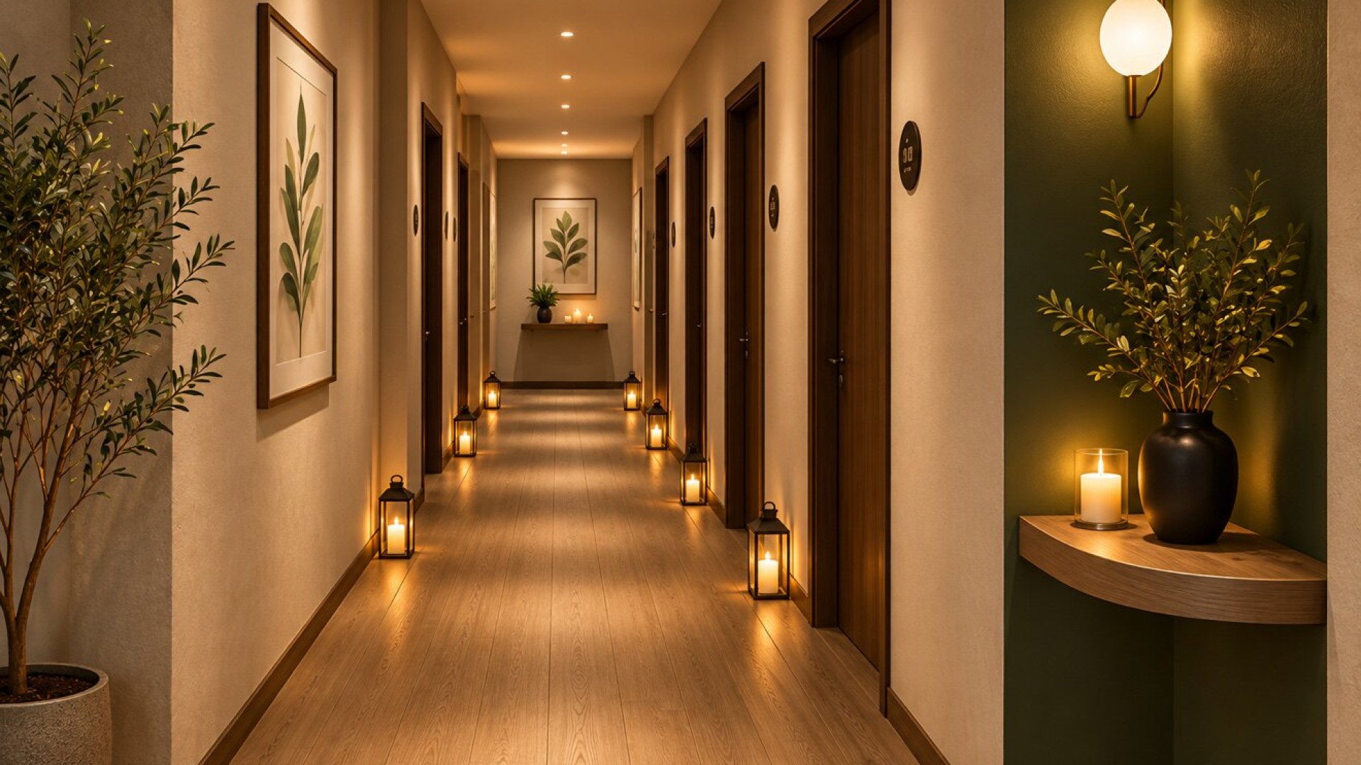 Candlelit corridor of treatment rooms at Serenity Tide Massage & Spa